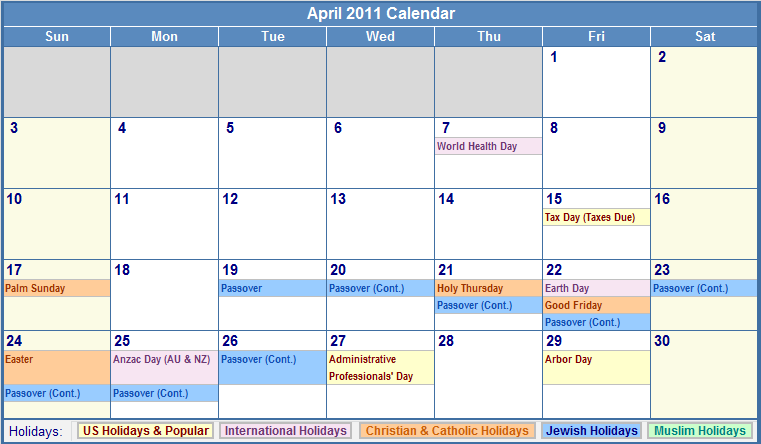 2011 calendar printable with holidays. Printable April 2011 Calendar