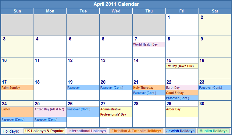 April 2011 Calendar With Holidays As Picture