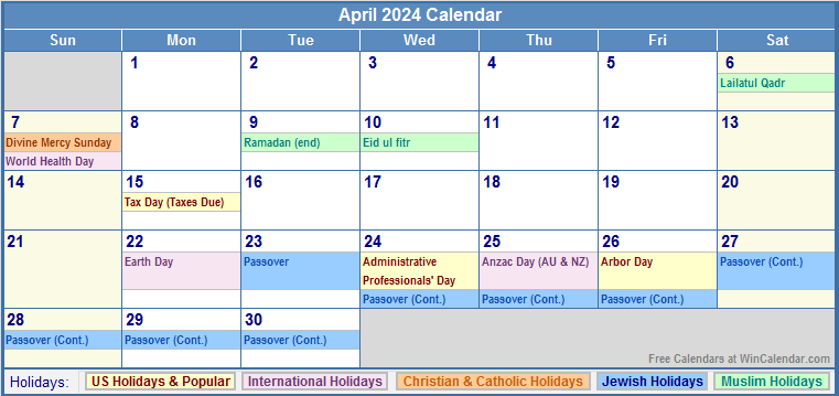 April 2024 Calendar with Holidays as Picture