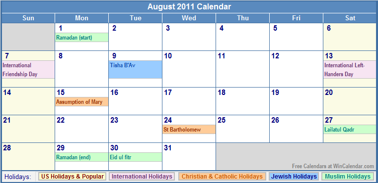 2011 calendar with holidays printable. Printable August 2011 Calendar