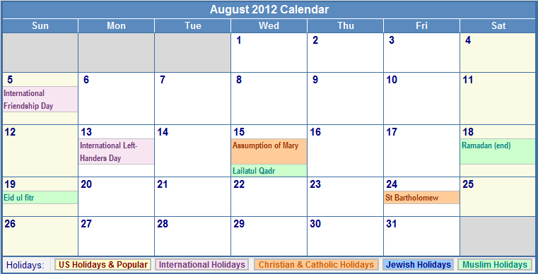 calendar 2012 with holidays. August 2012 Calendar with