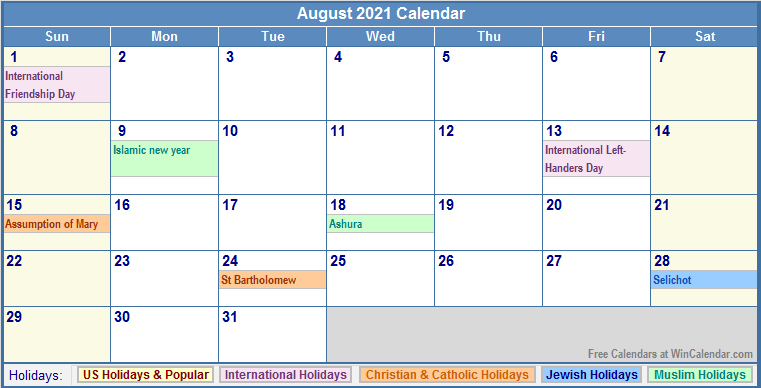 August 2021 Calendar With Holidays As Picture