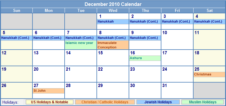 calendar 2010 december. December 2010 Calendar with