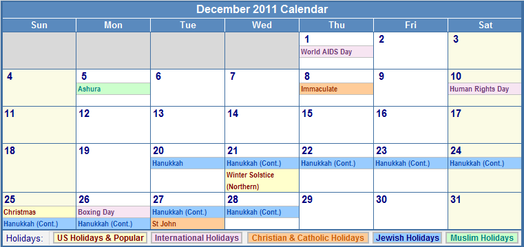 December 2011 Calendar with Holidays - as Picture