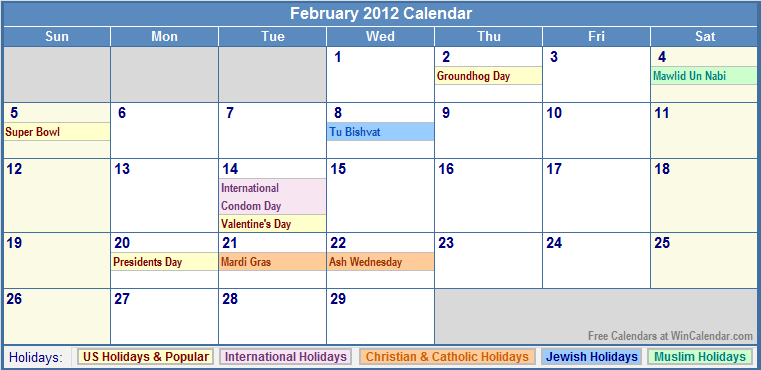 february 2012 calendar printable. Printable February 2012 Calendar with Holidays.