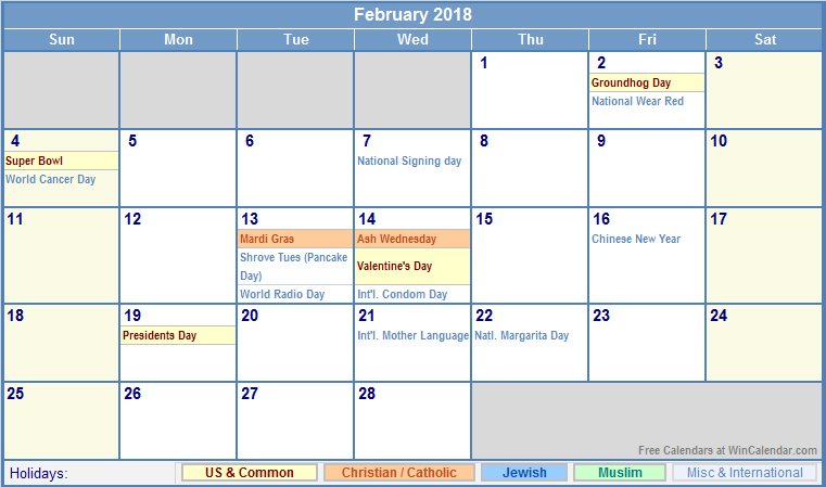 February 2018 Calendar With Holidays As Picture