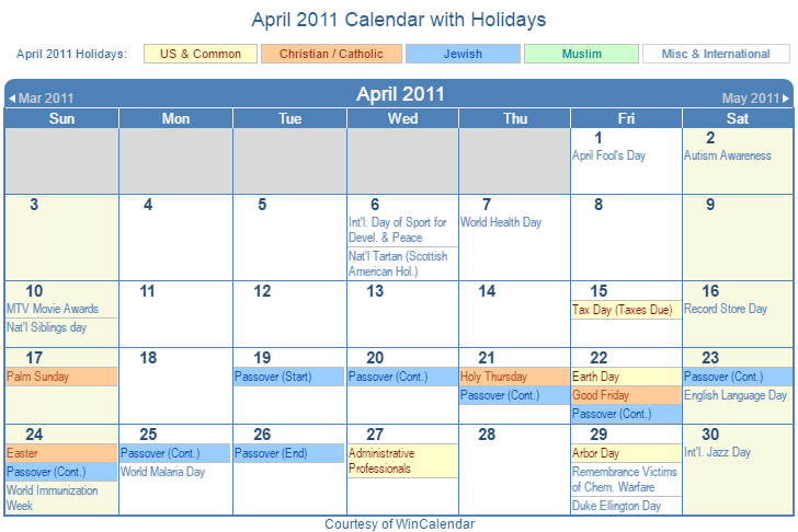 April 2011 Printable Calendar with US, Christian, Jewish, Muslim & Holidays