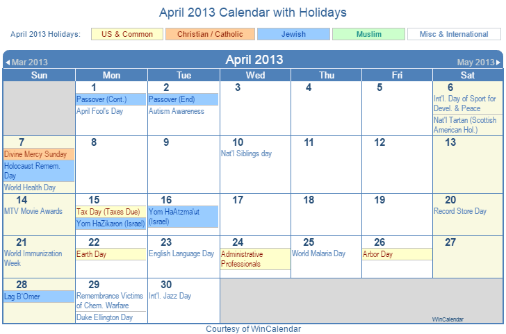 April 2013 Printable Calendar with US, Christian, Jewish, Muslim & Holidays