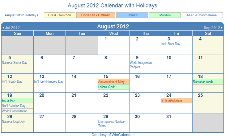 August 2012 Printable Calendar with US, Christian, Jewish, Muslim & Holidays