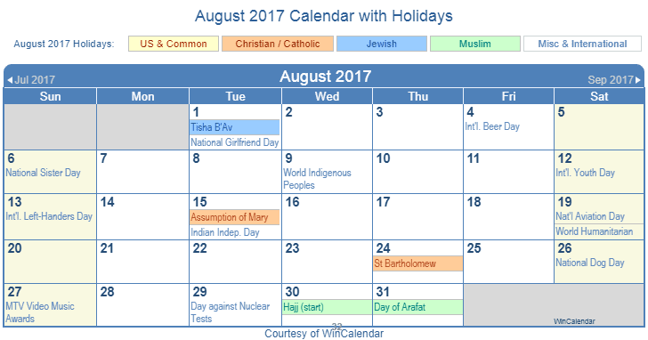 August 2017 Printable Calendar with US Holidays including: Christian, Jewish and Muslim Holidays