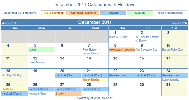 December 2011 Printable Calendar with US, Christian, Jewish, Muslim & Holidays