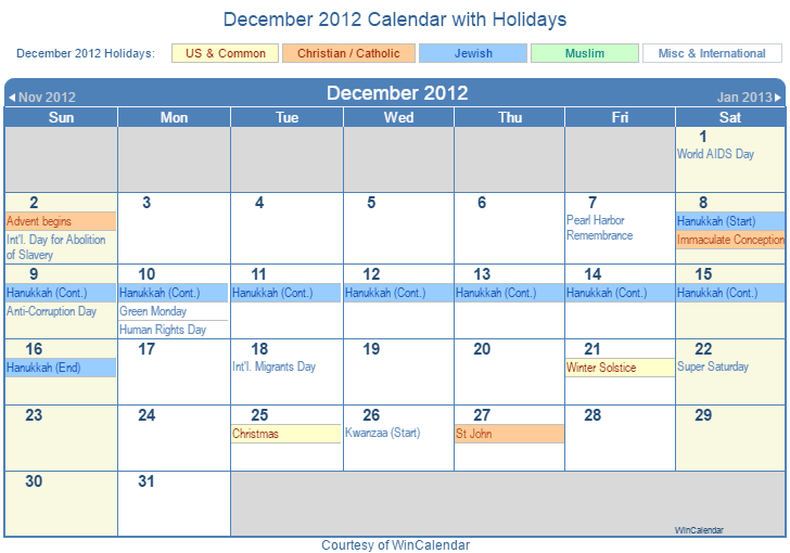 December 2012 Printable Calendar with US, Christian, Jewish, Muslim & Holidays