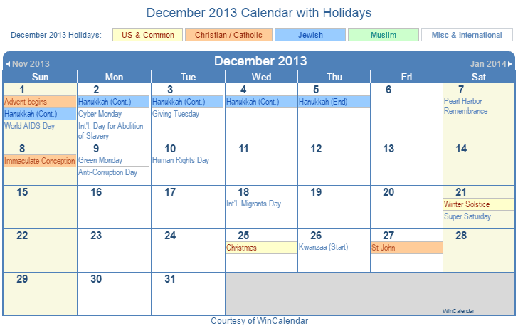 December 2013 Printable Calendar with US, Christian, Jewish, Muslim & Holidays