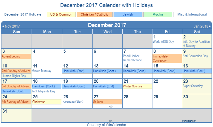 December 2017 Printable Calendar with US Holidays including: Christian, Jewish and Muslim Holidays