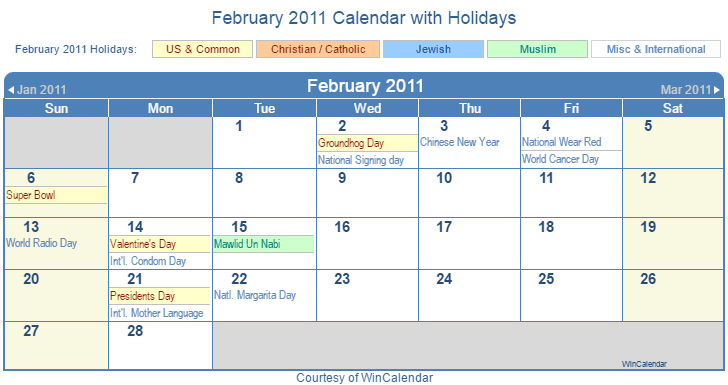 February 2011 Printable Calendar with US, Christian, Jewish, Muslim & Holidays