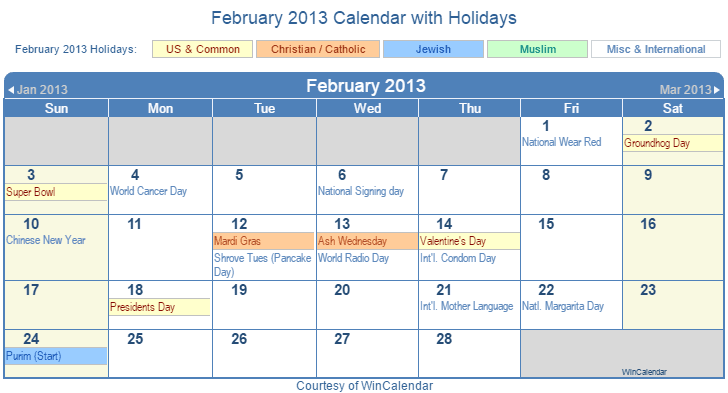 February 2013 Printable Calendar with US, Christian, Jewish, Muslim & Holidays