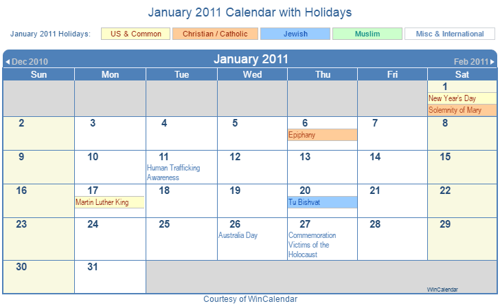 January 2011 Printable Calendar with US, Christian, Jewish, Muslim & Holidays