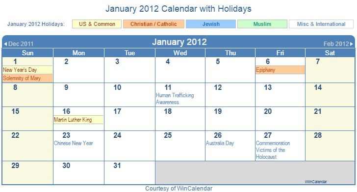 January 2012 Printable Calendar with US, Christian, Jewish, Muslim & Holidays