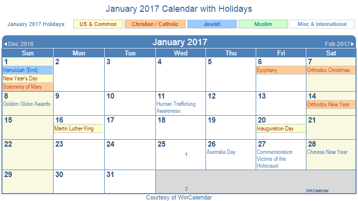 January 2017 Printable Calendar with US Holidays including: Christian, Jewish and Muslim Holidays