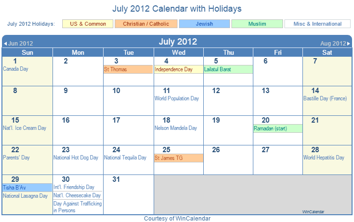 July 2012 Printable Calendar with US, Christian, Jewish, Muslim & Holidays