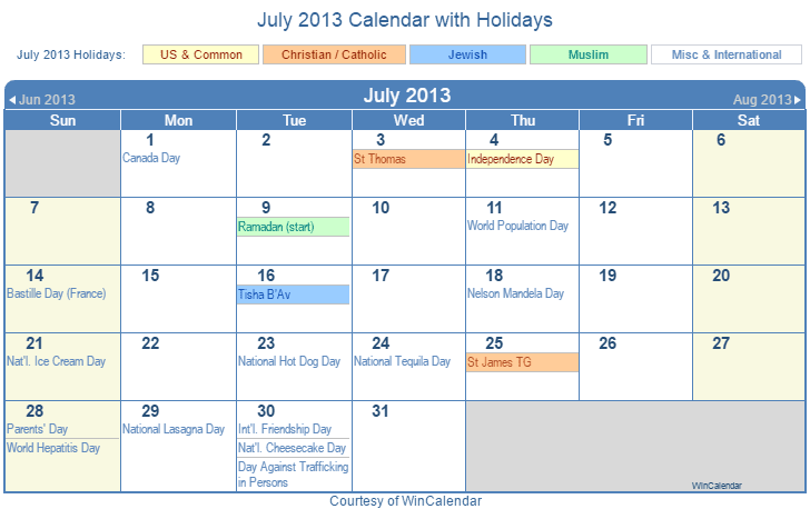 July 2013 Printable Calendar with US, Christian, Jewish, Muslim & Holidays