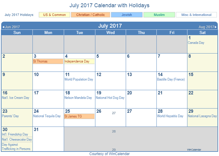 July 2017 Printable Calendar with US Holidays including: Christian, Jewish and Muslim Holidays