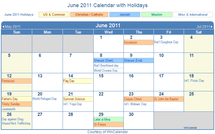 June 2011 Printable Calendar with US, Christian, Jewish, Muslim & Holidays