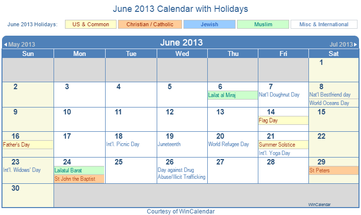 June 2013 Printable Calendar with US, Christian, Jewish, Muslim & Holidays