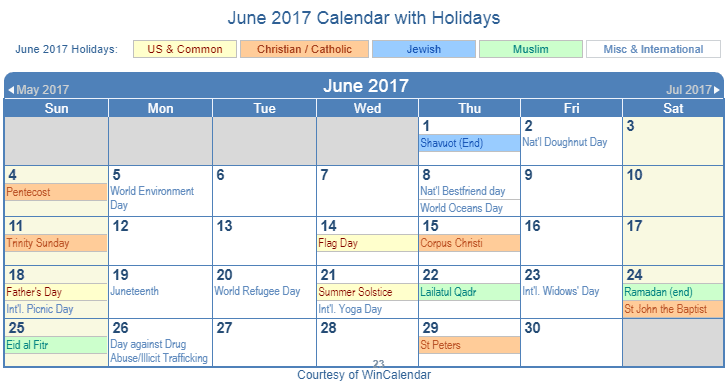 June 2017 Printable Calendar with US Holidays including: Christian, Jewish and Muslim Holidays