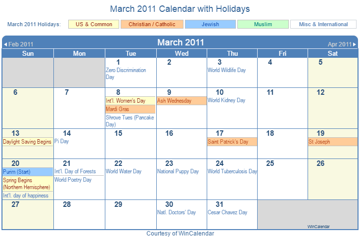 March 2011 Printable Calendar with US, Christian, Jewish, Muslim & Holidays