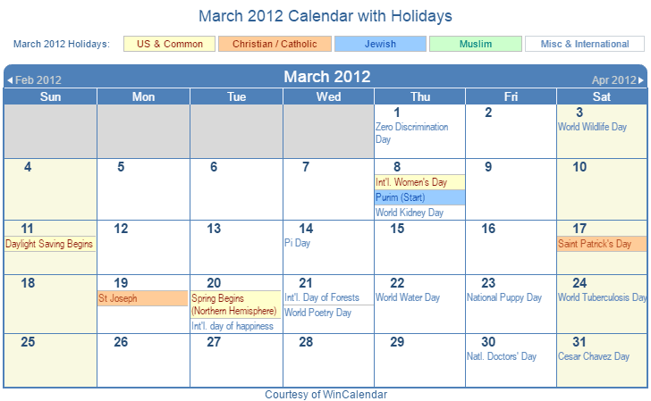 March 2012 Printable Calendar with US, Christian, Jewish, Muslim & Holidays