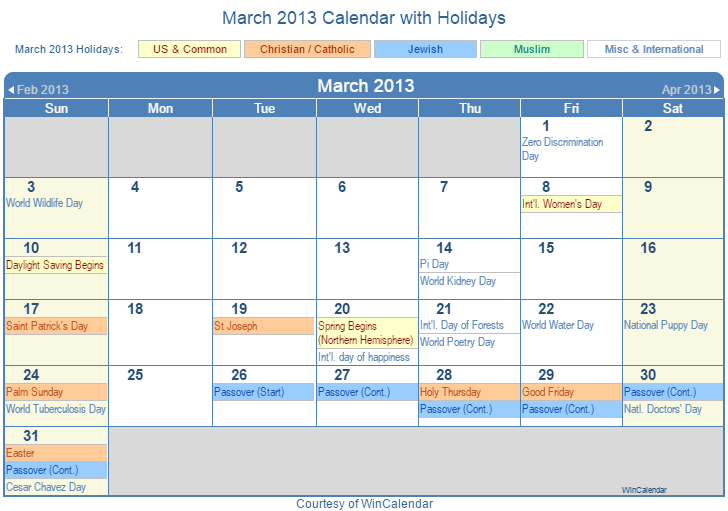 March 2013 Printable Calendar with US, Christian, Jewish, Muslim & Holidays