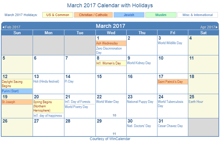 March 2017 Printable Calendar with US Holidays including: Christian, Jewish and Muslim Holidays