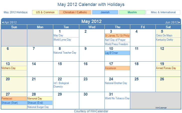 May 2012 Printable Calendar with US, Christian, Jewish, Muslim & Holidays