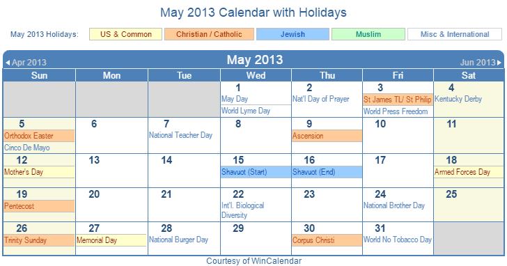May 2013 Printable Calendar with US, Christian, Jewish, Muslim & Holidays