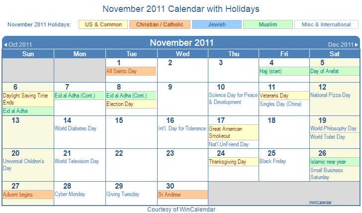 November 2011 Printable Calendar with US, Christian, Jewish, Muslim & Holidays
