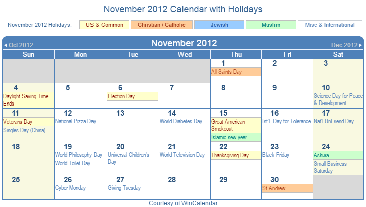 November 2012 Printable Calendar with US, Christian, Jewish, Muslim & Holidays