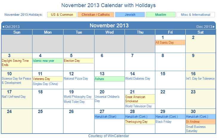 November 2013 Printable Calendar with US, Christian, Jewish, Muslim & Holidays