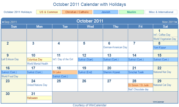 October 2011 Printable Calendar with US, Christian, Jewish, Muslim & Holidays
