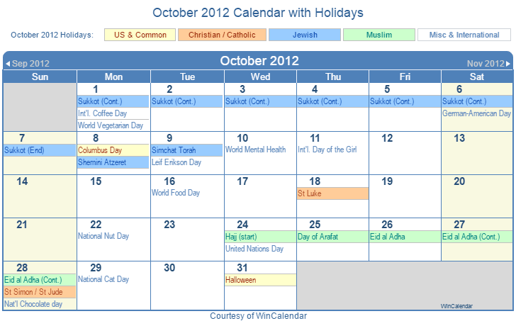 October 2012 Printable Calendar with US, Christian, Jewish, Muslim & Holidays