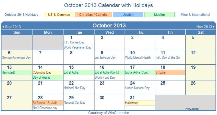 October 2013 Printable Calendar with US, Christian, Jewish, Muslim & Holidays