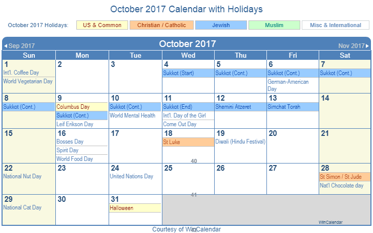 October 2017 Printable Calendar with US Holidays including: Christian, Jewish and Muslim Holidays