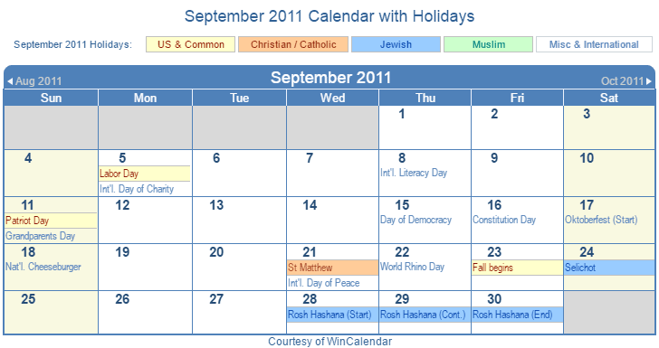 September 2011 Printable Calendar with US, Christian, Jewish, Muslim & Holidays