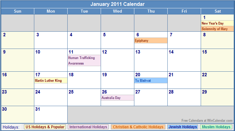 January 2011 Calendar with Holidays