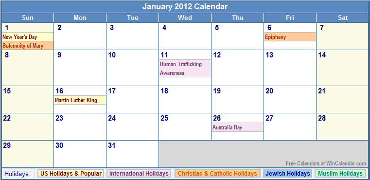 calendar 2012 with holidays. January 2012 Calendar with