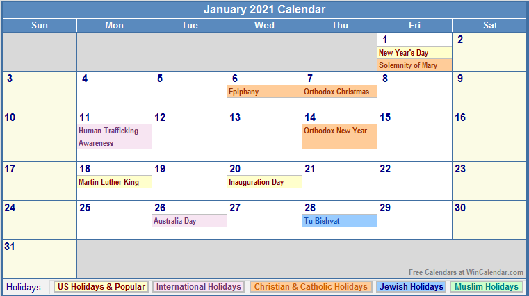 January 2021 Calendar With Holidays As Picture