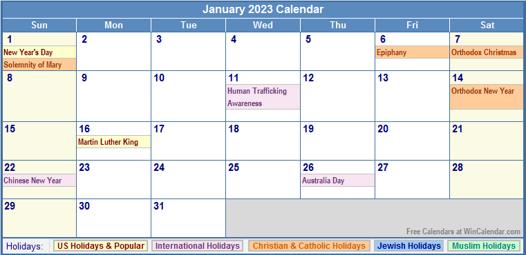 January 2023 Calendar With Holidays As Picture