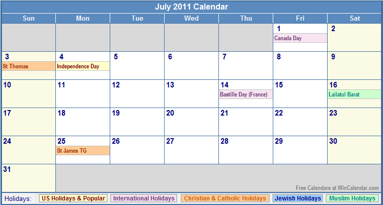 july calendar 2011 with holidays. July 2011 Calendar with