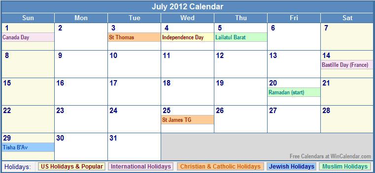 July 2012 Calendar with Holidays