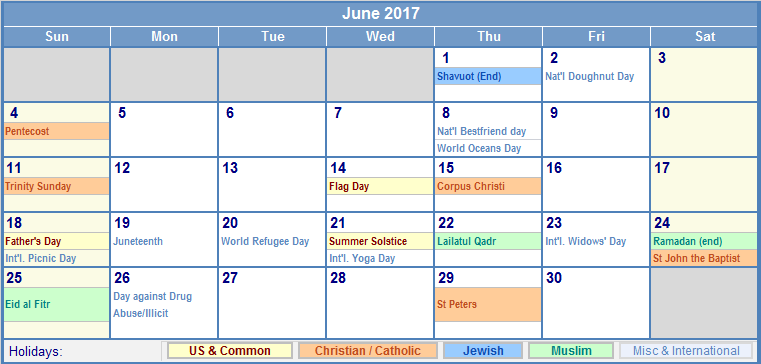 June 2017 Calendar With Holidays As Picture